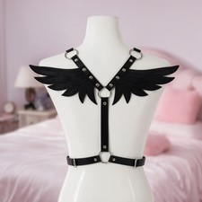 Black Feather Wing Back Harness Faux Leather Goth Egirl Alt Rave Women Lingerie