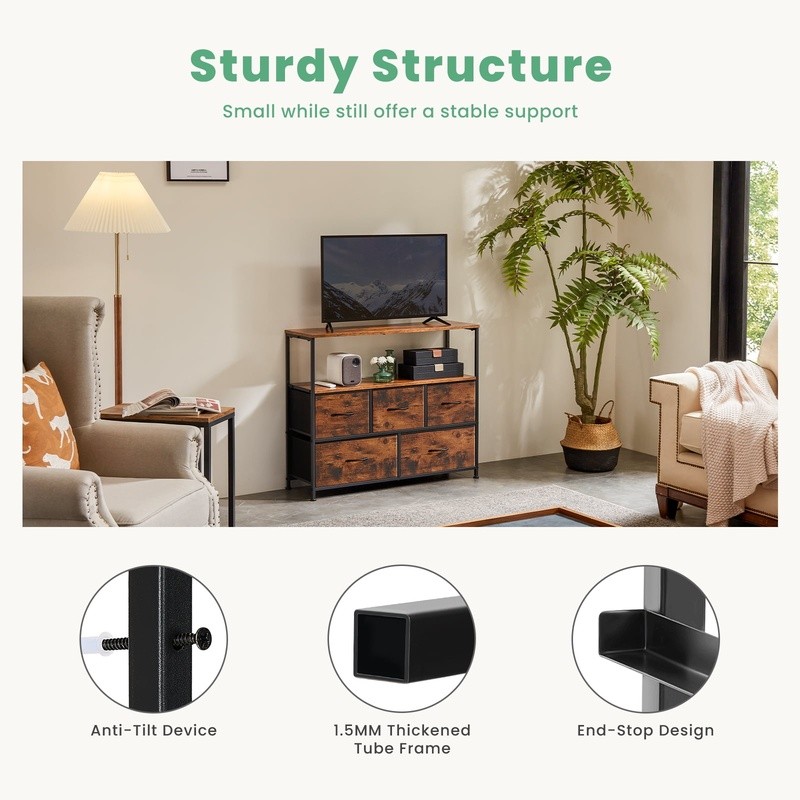 TV Cabinet Stand W/ 5 Fabric Drawers Adjustable Feet Bedroom Storage Solution US
