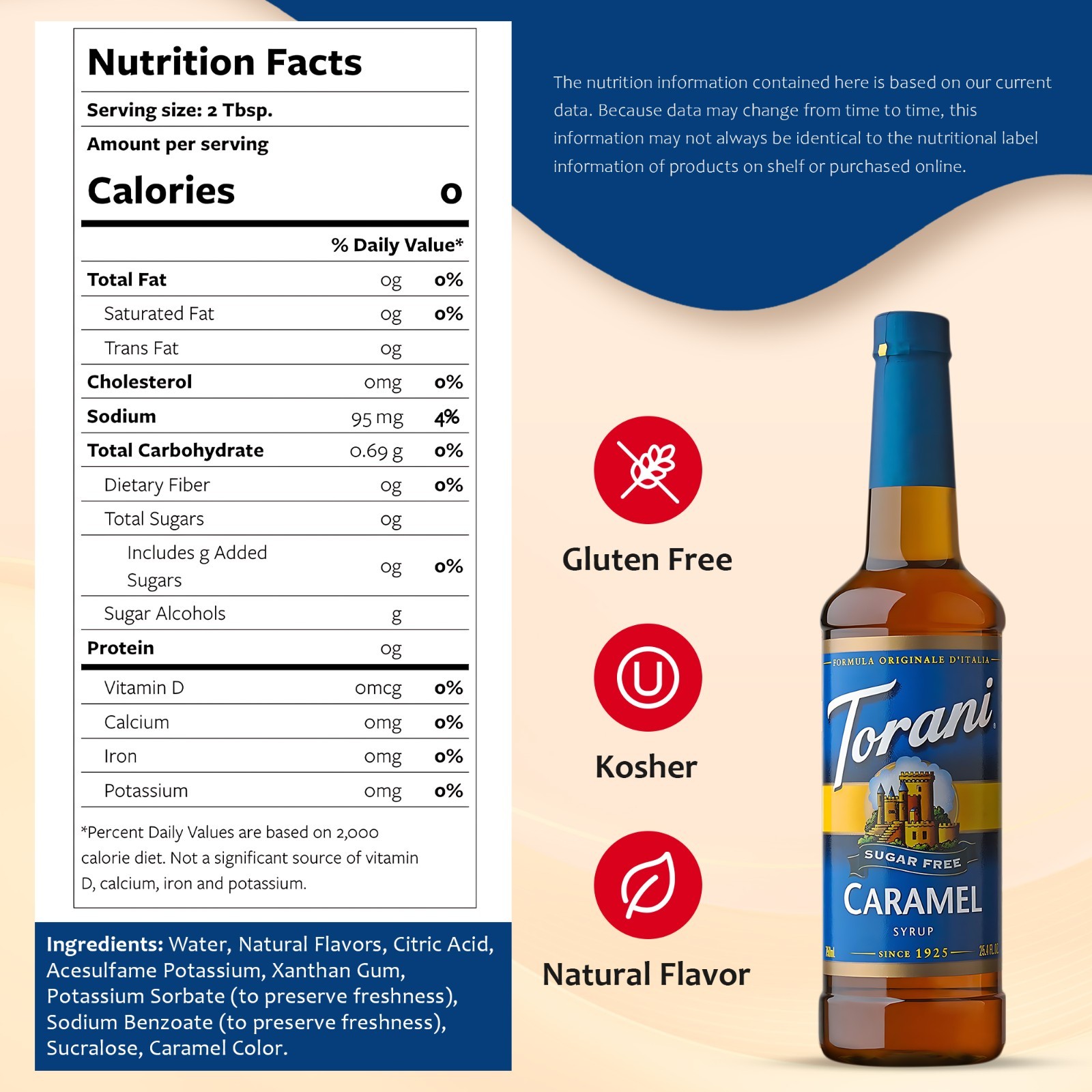 Torani Sugar Free, Caramel Syrup for Drinks, Pump Included, 25.4 Fl Oz