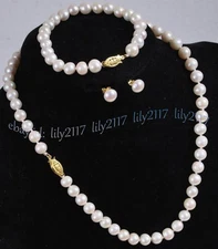 6-10mm Real Natural White Akoya Cultured Pearl Necklace Bracelet Earring Set