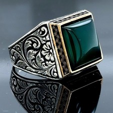 925 Sterling Silver Turkish Handmade Green Agate Men Ring
