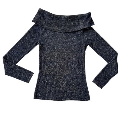 Cache Off-Shoulder Cowl Neck Knit Metallic Sweater Small Black Gold Stretchy