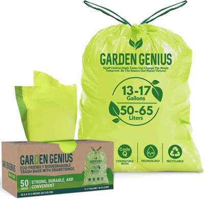 Biodegradable 13-17 Gallon Code-Q Trash Bags (50 Pack) | Strong Heavy-Duty Tall 