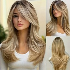Real Human Hair Medium Length Wig With Bangs Mix Blonde Wavy for Women Wigs 22In
