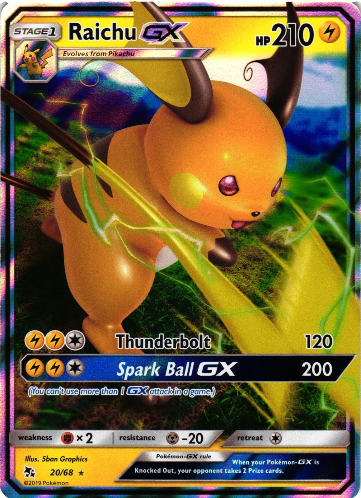 Pokemon TCG Raichu GX 20/68 Ultra Rare Hidden Fates NM