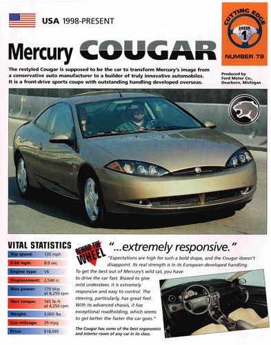 1998 / 1999 Mercury COUGAR SPEC SHEET / Brochure / Pamphlet / Photo's - Picture 2 of 4
