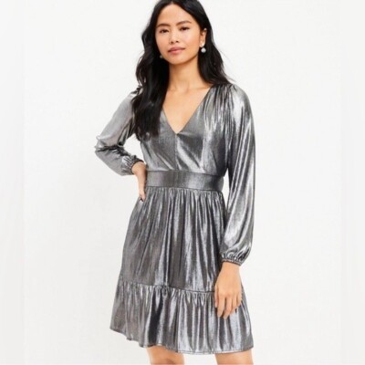 NWT LOFT silver Shimmer Metallic gray V-neck ruffle dress women s size 6 holiday