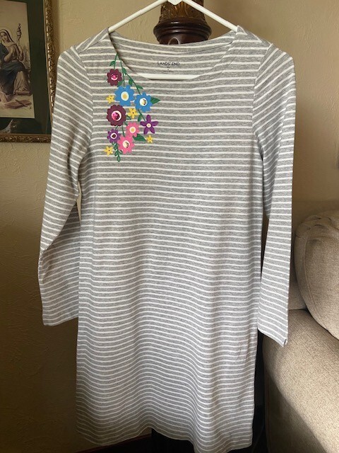 LANDS END Girls Gray/White Cotton Knit Dress Size 16 XL LS EUC Easter Spring