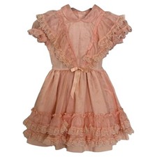 VTG Betty Oden Polka Dots Dress Ruffles Lace Girls Size6x Orange USA Made