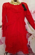 NEW AMAZING ELLI WHITE HOT RED FRILL HEM LACE MINI DRESS SIZE S UK 8 10 EUR 36