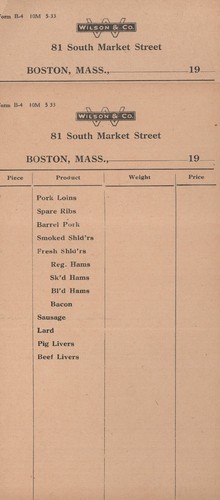c1920 2 Wilson & Co. Meat Order Forms Pig Livers, Pork Loins and More Boston MA