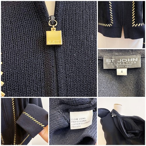 St John Marie Gray Black Gold Paillettes Santana Knit Zip Up Suede Jacket 4 - Picture 10 of 12