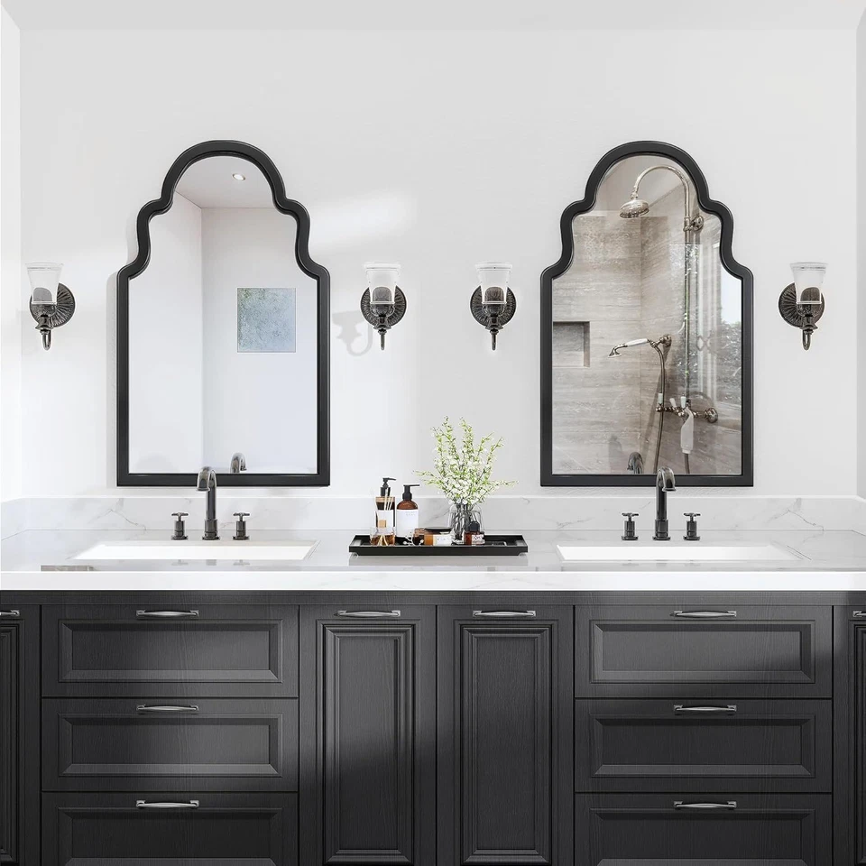 Espejo de pared arqueado 40"x 24" para baño, manto, marco de madera con acabado negro Foto 4 de 4