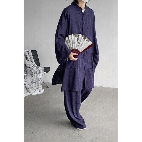 Hombres Abrigo Largo de Verano Hanfu Vestido Taoísta Bata Lino Ropa Traje Suelto Prendas para el torso + Pantalones - Imagen 15 de 18