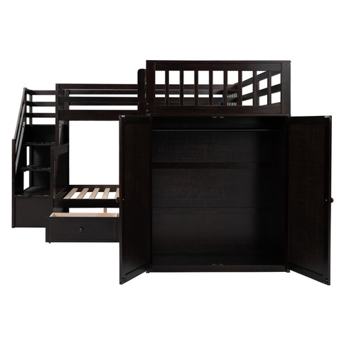 Twin-Twin over Full L-Shaped Bunk Bed Frame W/ 3 Drawers/ Desk/Wardrobe Espresso - Picture 3 of 23