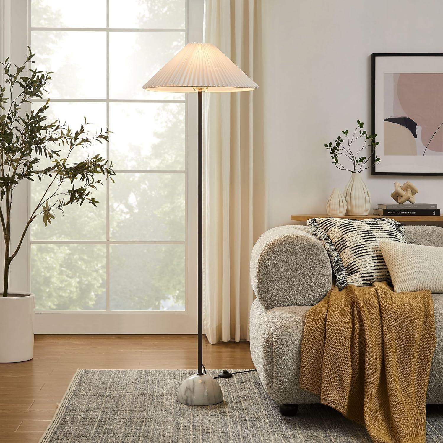 Illusion Floor Lamp with Dome Marble Base and Pleated Shade in Black