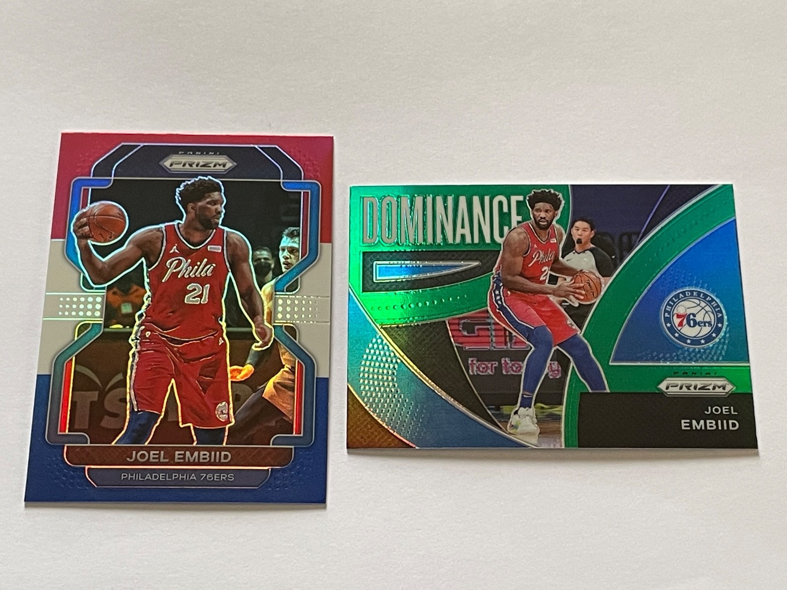 2) 2021-22 Panini Prizm Joel Embiid RW&B Prizm #176 + Dominance #24 Green Prizm