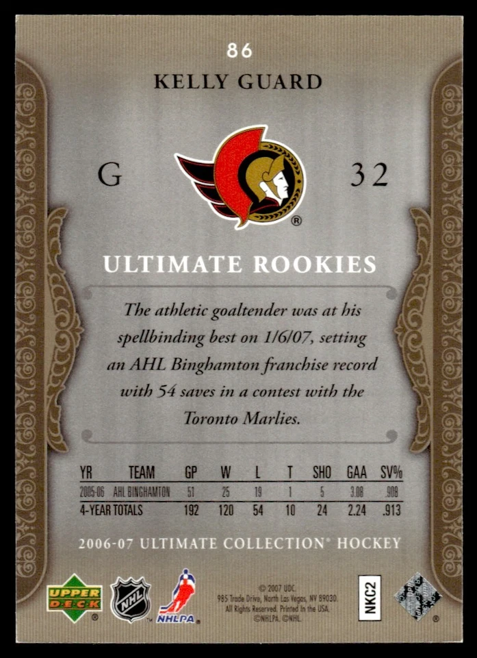 2006-07 Upper Deck Ultimate Collection Kelly Guard Rookie Ottawa Senators #86 - Image 2 of 2
