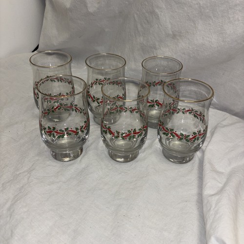 Vintage Libbey Arbys Christmas Glasses Tumblers Holly  Gold Band 5.25
