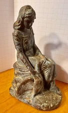 KATHODIAN BRONZE WORKS KBW ANTIQUE BRONZE CLAD BOOKEND LADY MAIDEN Lady w Goose