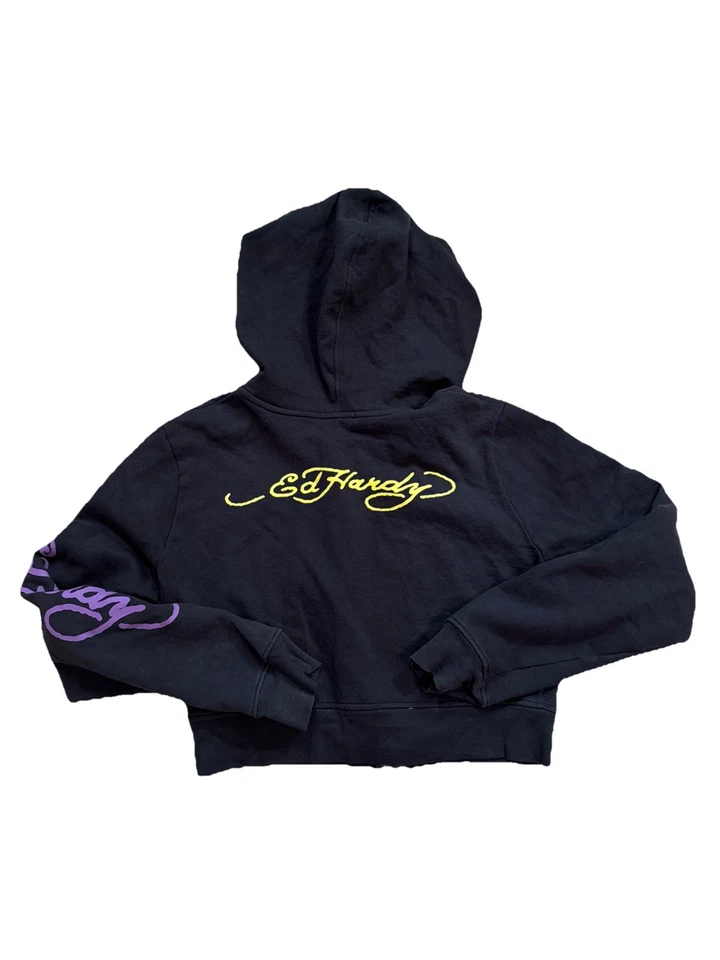 Sudadera con Capucha Recortada Ed Hardy De Colección Sudadera con Capucha Cremallera Completa Tatuaje Y2K XL Foto 3 de 4