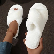 Women Fluffy Cross Fur Slippers Open Toe Warm Indoor Flat Non Slip Slides UK
