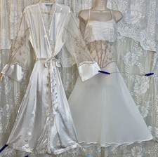 VTG XL FANCY Snow White Bridal Satin Wrap Peignoir Robe Nightgown Set w ruffles