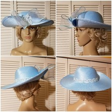 Blue Embellished Fancy Dress Hat Wide Brim Fancy Dress Church Derby Party