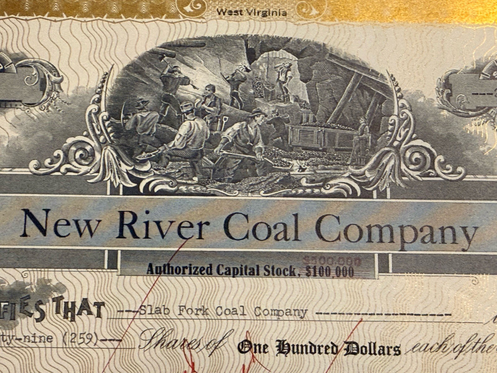 New River Coal Company Stock Certificate 259 Shares Slab Fork Coal Co. 1950