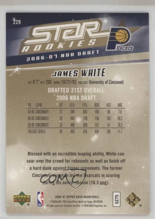 2006-07 Upper Deck Star Rookies James White #229 Rookie RC - Image 2 of 2
