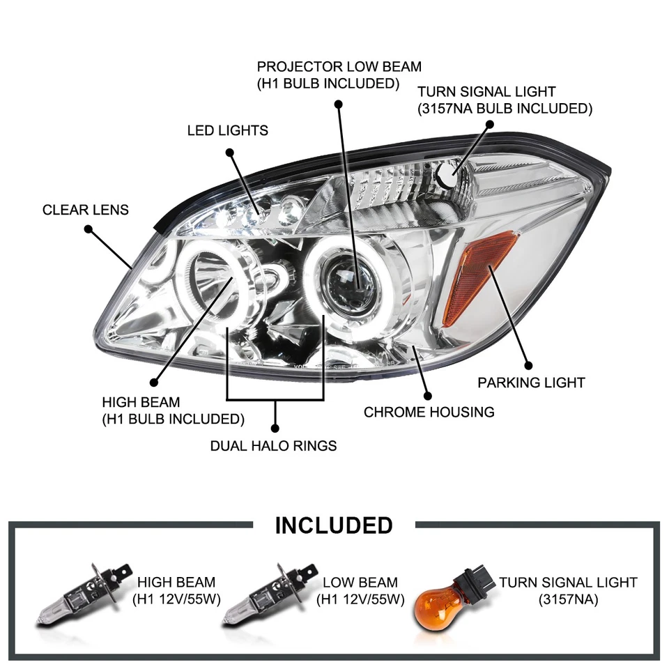 Fits 2005-2010 Chevy Cobalt 05-06 Pontiac Pursuit LED Halo Projector Headlights - Imagem 3 de 4