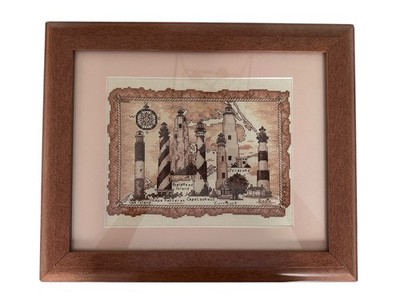 Framed North Carolina Lighthouse Cross Stitch 14x17 Vintage Outer Banks NC Art