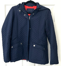 Tommy Hilfiger Womens Quilted Hooded Barn Jacket Blue Snap Zip Coat M