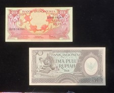 Vintage Uncirculated Rupiah Bank Indonesia (1959) 10 and (1964) 50 Banknotes