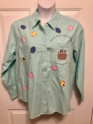 Women s Vtg Quacker Factory Easter Basket Eggs Shirt Sz Large  Button-Up