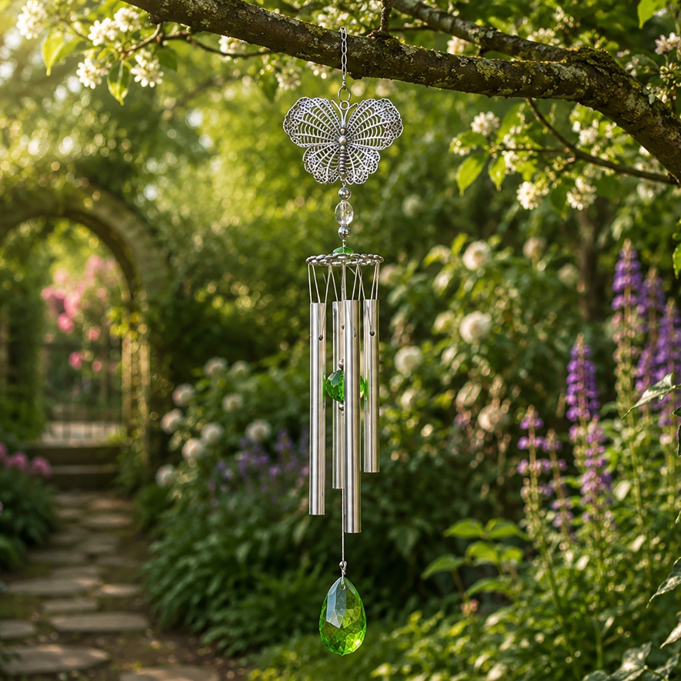Butterfly Wind Chime Silver & Green Gem Hanging Decor Metal Suncatcher 17"" 11353