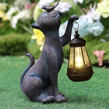 Solar Powered Cat Garden Statue Lighted Lantern Sculpture Outdoor Yard Art Decor
