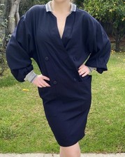 Vintage 80s Amen Wardy Basile Italy 42 100 Wool Shirt Dress Navy Double Breast