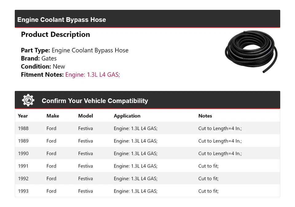 Puertas de manguera de derivación de refrigerante de motor L4 de 1,3 L para Ford Festiva 1988-1993 1989 Foto 2 de 4