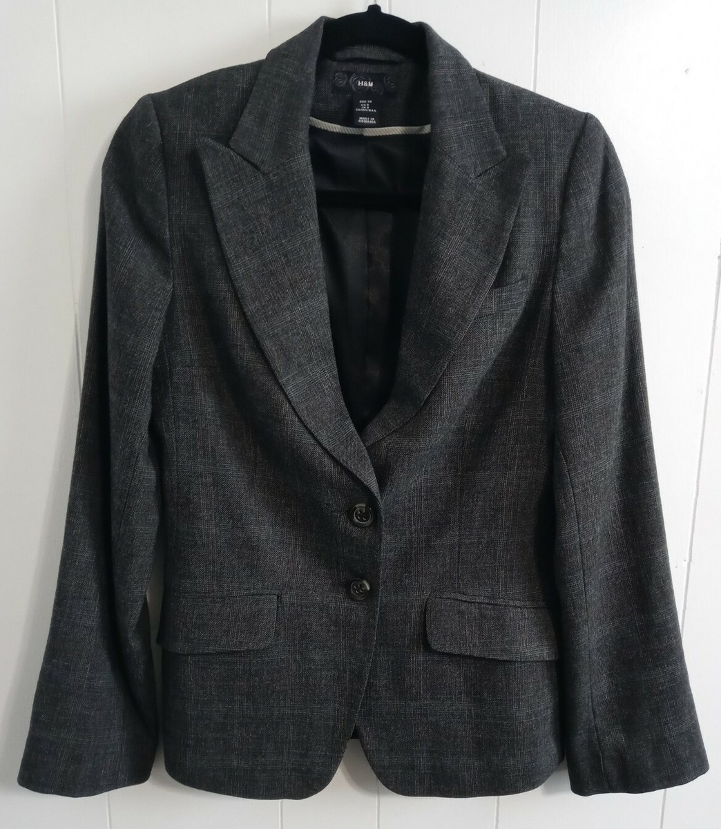 H&M Dark Gray Plaid Wool Blend Fitted Two Button Blazer Women's