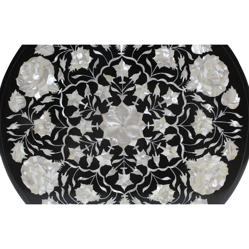 18" Marble Coffee Console Table Top Semi Precious Stones Inlay Work Patio Decor - Image 3 of 4