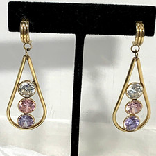 14K Gold Dangle Teardrop 3 Stone CZ Earrings Signed CU Post Long 8.3g Pink Purpl