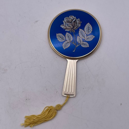 VTG Handbag Mirror w/ Sliding Handle Metal Compact Blue Rose Made in England D2 - Picture 2 of 5
