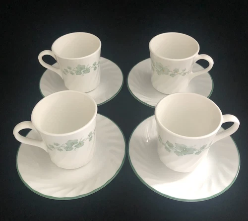 Vintage Corelle Corning Ware Callaway Green Ivy Swirl Set of 4 Cups & Saucers