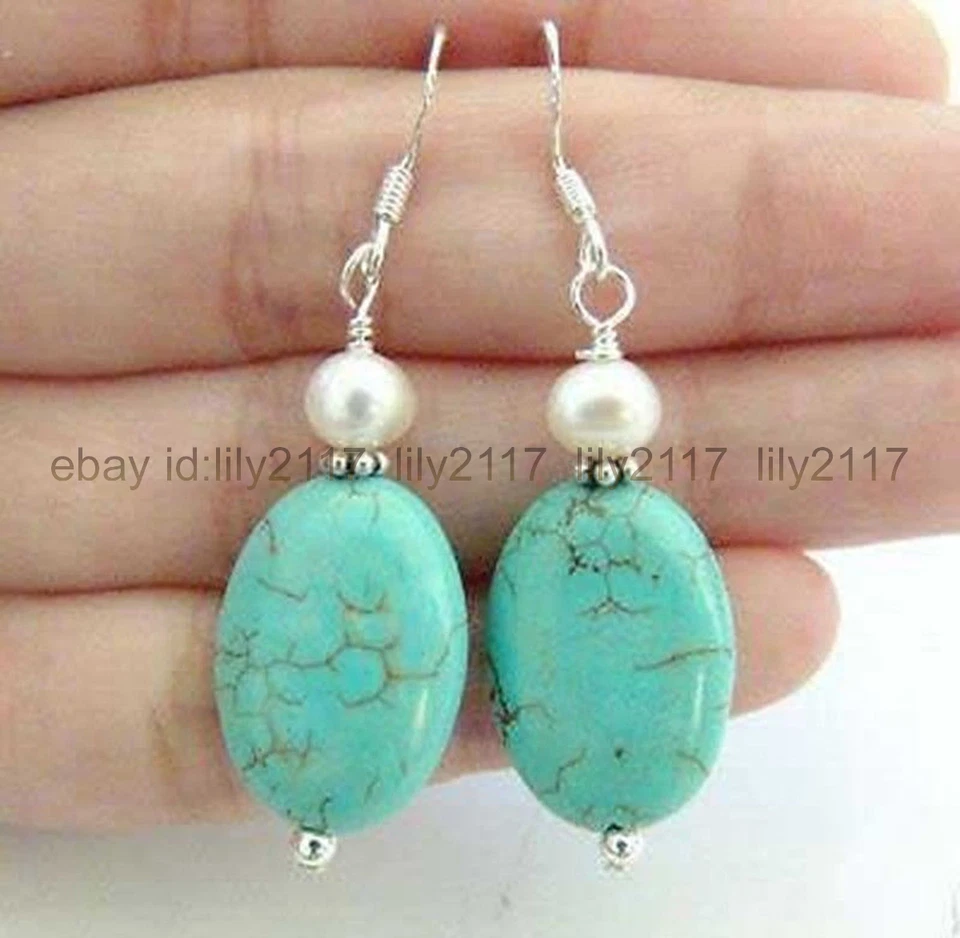 Pendientes colgantes de gancho de plata natural 13x18 mm turquesa 6 mm concha blanca Foto 3 de 4