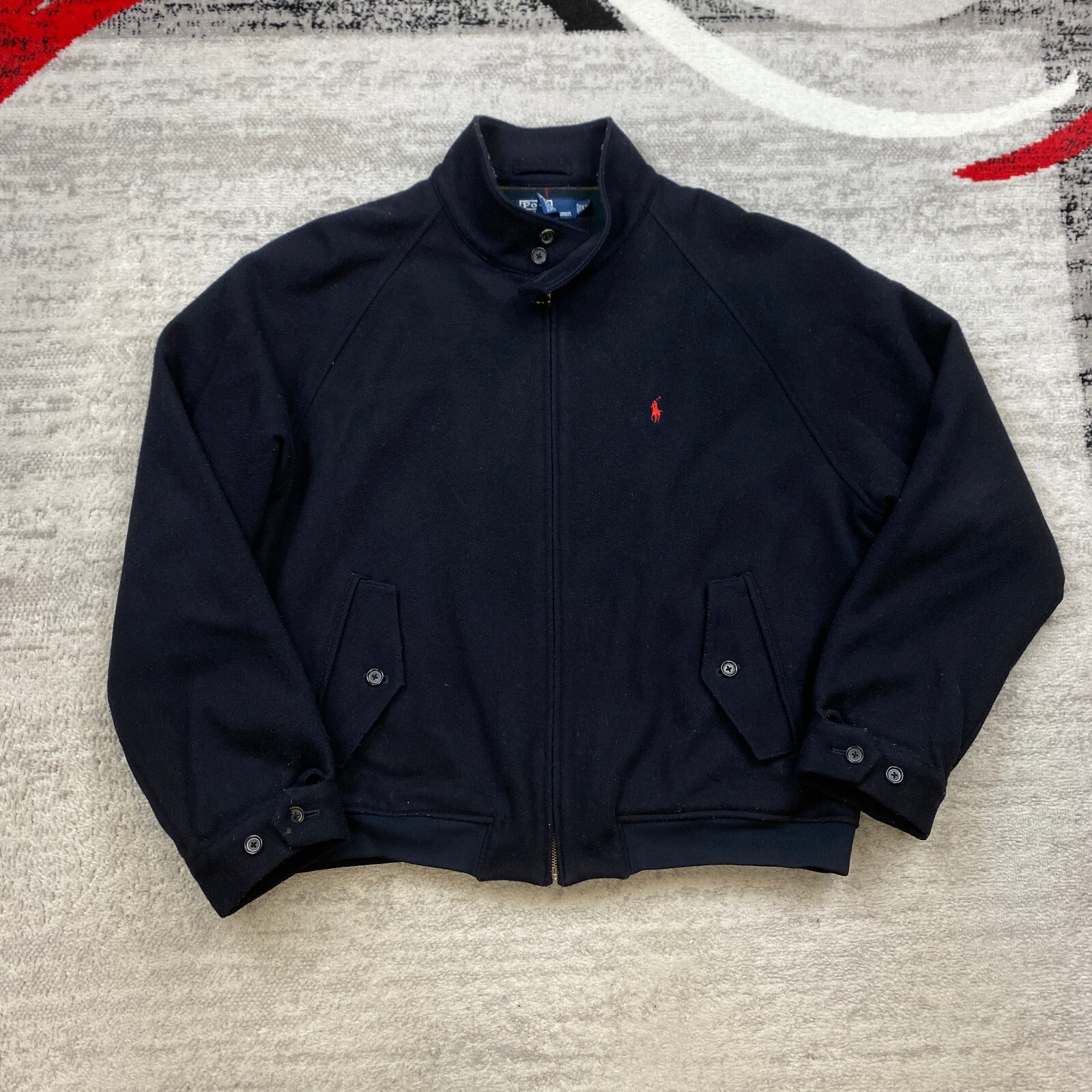 Giacca bomber vintage Polo Ralph Lauren lana XL blu pony zip foderata in flanella Pea anni 90