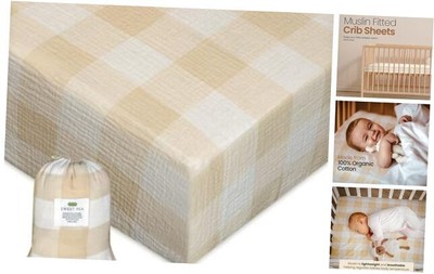 Organic Crib Sheets for Boys, Girls - Muslin Fitted Crib Sheet, Neutral Beige