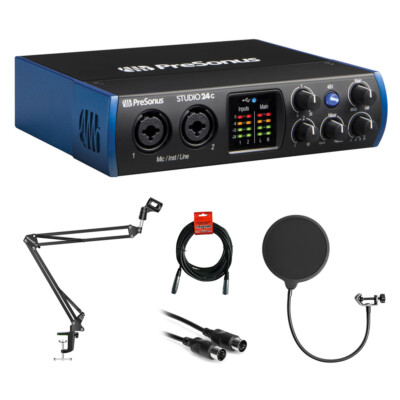 PreSonus Studio 24c 2x2 USB Audio/MIDI Interface w/ Pop Filter & Audio Cables
