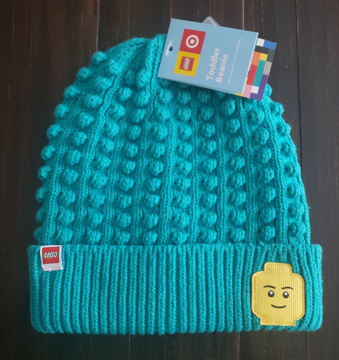 LEGO 2T-5T Teal Winter Beanie Hat w/ Yellow Minifigure Patch