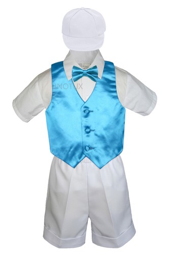5pc Boy Toddler Formal Vest Suit Satin Vest Bow Tie White Shorts & Hat Set - Picture 22 of 25